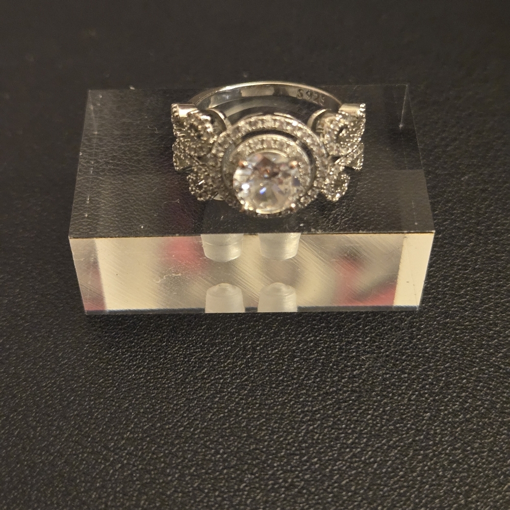 Round Cut Simulated Diamond CZ Wedding Band Halo Half Eternity in 925 sterling - Picture 3 of 3